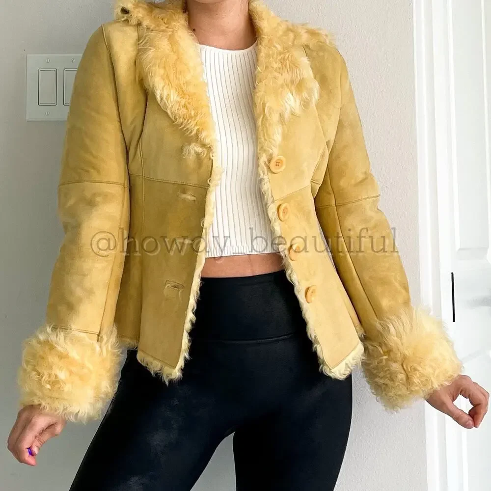 New Label SheepSkin Cream Yellow Leather Button Up shearling Jacket